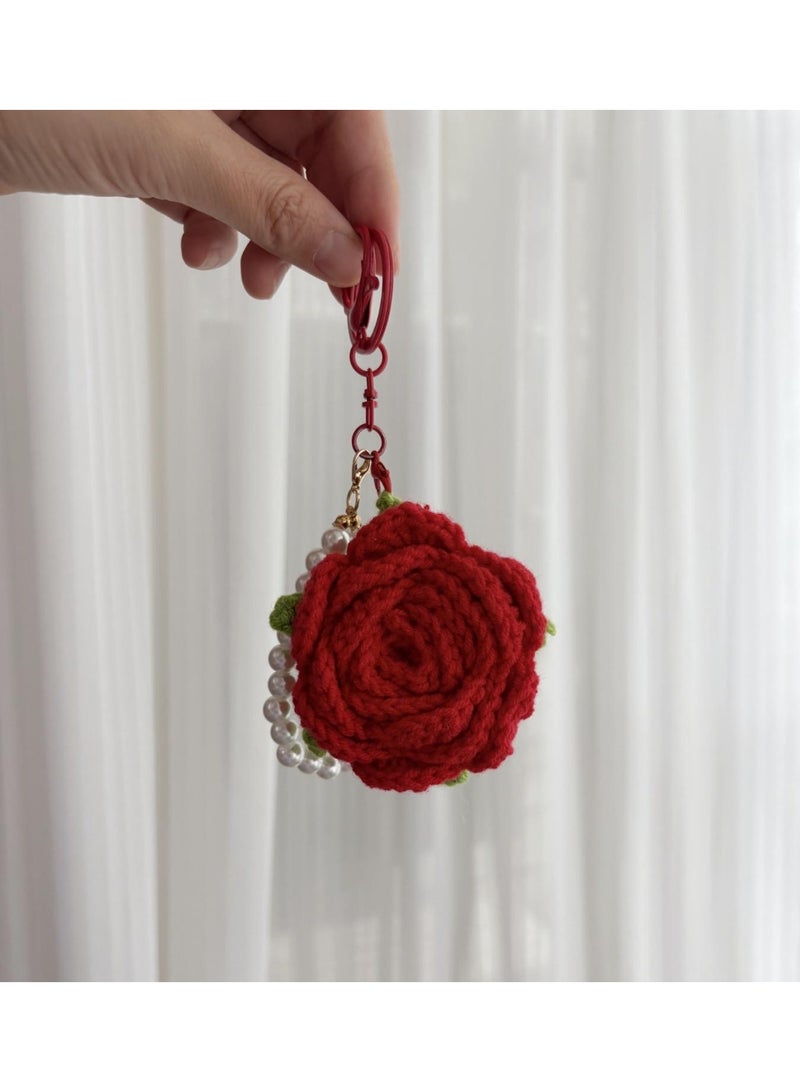 Cute Crochet Rose Keychains Handmade Knitted Flower Keychains With Pearl Chain - Image 1